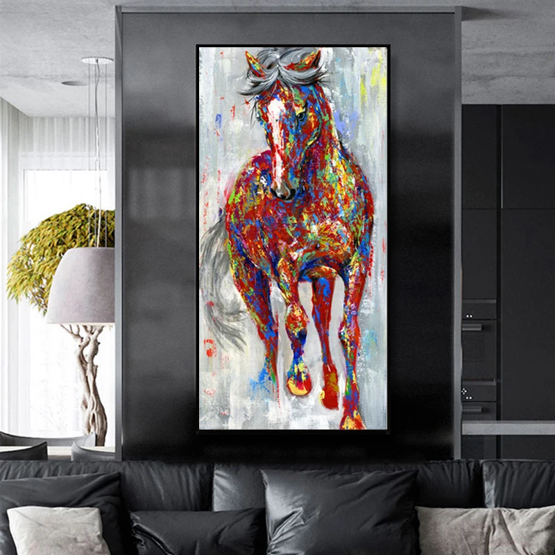 WANGART большие оригинальные картины маслом бегущая лошадь, настенные картины, красочные постеры с животными, настенные картины для гостиной, домашний декор