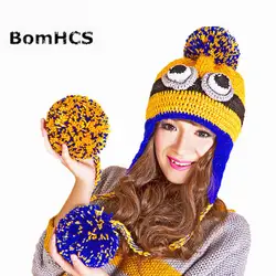 Bomhcs милый мультфильм животных Для женщин зимняя шапка с наушниками толстые теплые шапочки для девочек Шапки с мягкими шариками