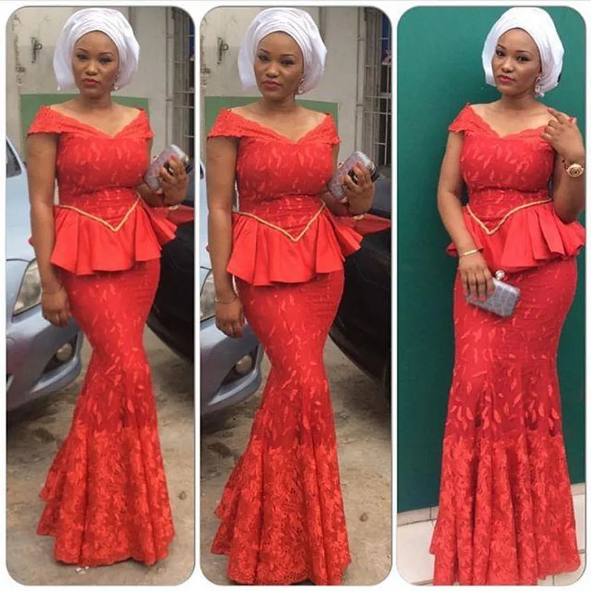 Nigerian Woman Dresses Red Lace Latest Ruffle Mermaid Long Elegant