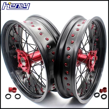 

3.5/5.0 Supermoto Motard Wheels Rims Set For HONDA CRF250R 2004-06 08 10 2012 2013 CRF450R 2002-2010 2012 Red Nipple Black Spoke