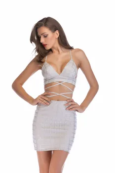 

Women 2 Piece Cut-Out Bodycon Bandage Sexy Club Sequin Dress