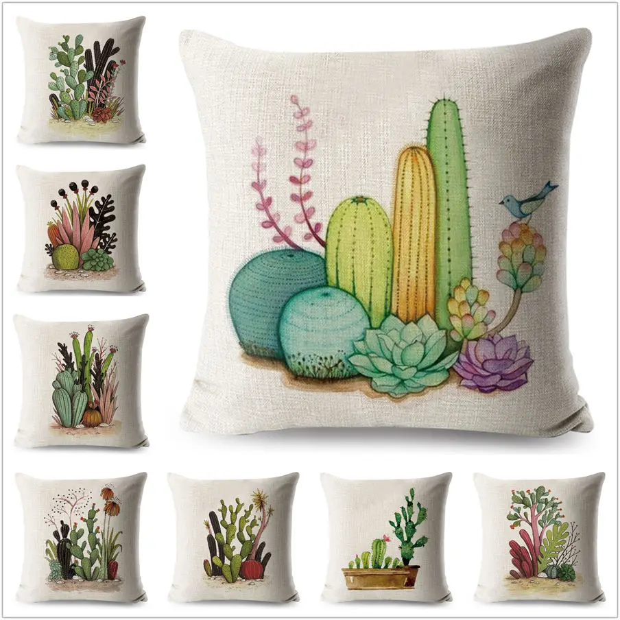 

Watercolor Cactus Bonsai Plant Pillow Case Linen 45*45 Cushion Cover for Sofa Home Decorative Printed Flower Throw Pillowcase