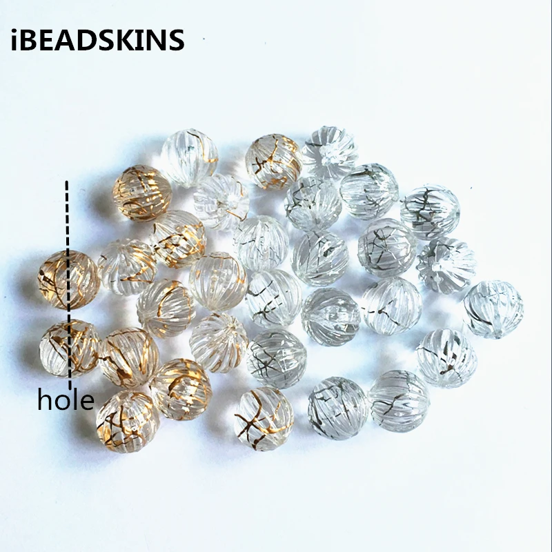 

New arrival! 12mm 480pcs/lot clear with gold/silver wire drawing effec round pumpkin shape beads (Design as shown)#4007