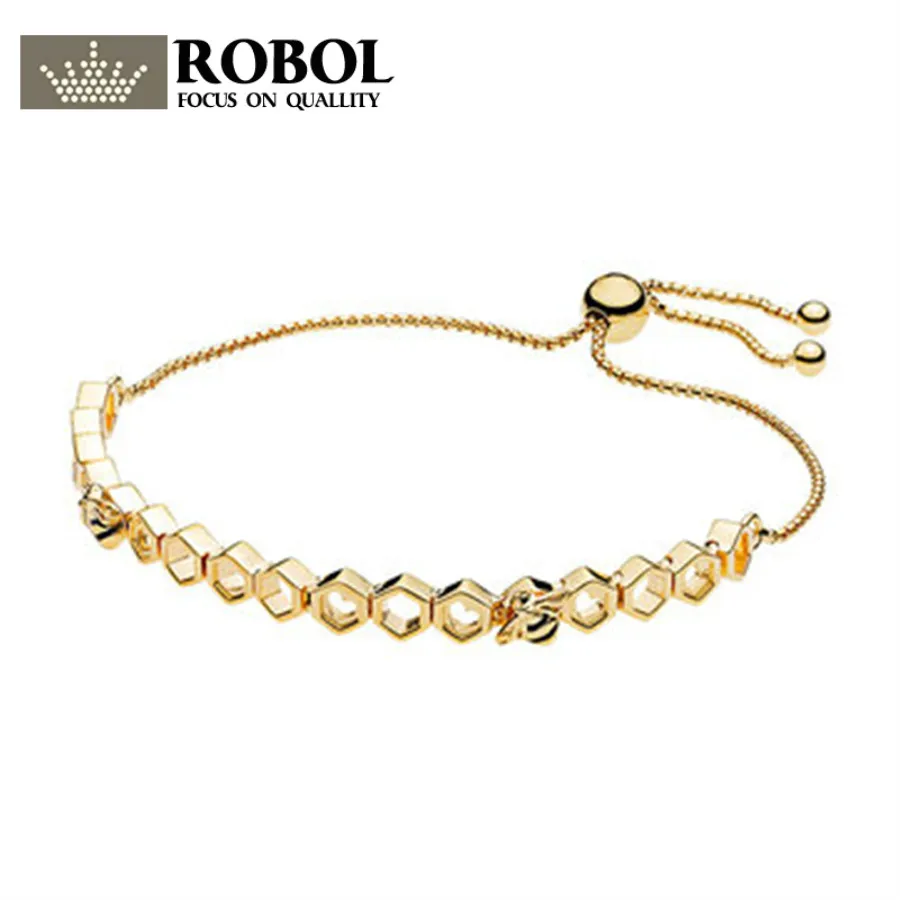 

ROBOL 100% 925 Sterling Silver 1:1 Genuine Brand New Charm 18K Gold Bee Bracelet Ms. Beehive Elegant Temperament Bracelet