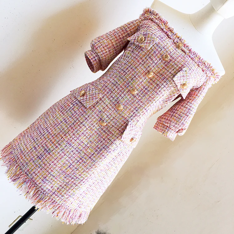 

Chic women's off-shoulder dress 2019 autumm plaid tweed dress A580