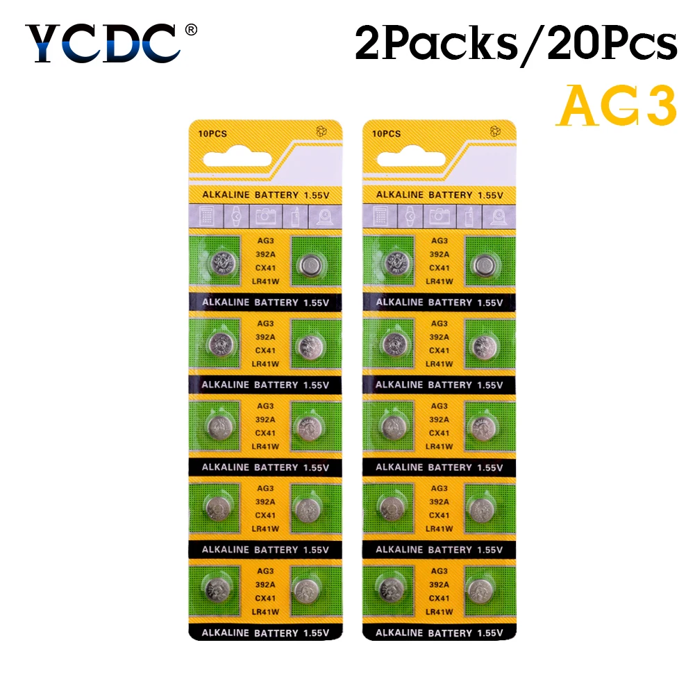 YCDC 20 штук щелочной Батарея 1,55 V AG3 192 384 392 392A L736 LR736 SR41 SR41SW CX41 G3 LR41 SR41W V3GA часы кнопочный элемент