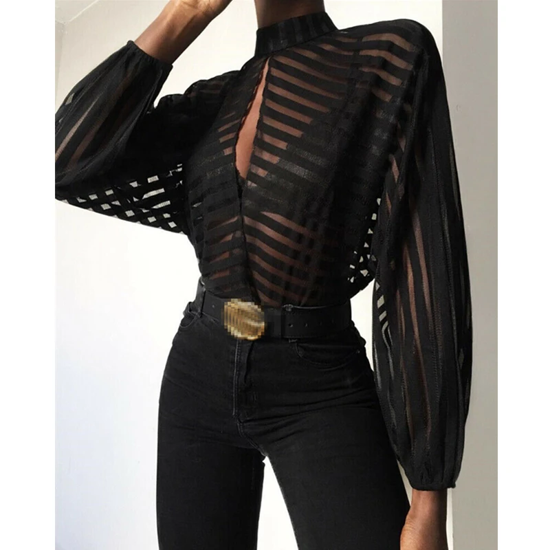 

New Women Gauze Mesh Blouse Sexy Sheer Stripe Long Sleeve Slim Black Blouses Shirts Women OL Elegant Blouse Autumn Blusas 2019