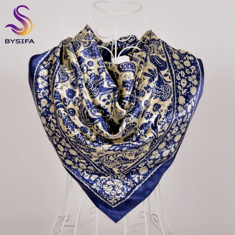 

[BYSIFA] Classical Square Scarves Fashion Brand Silk Scarf Shawl 90*90cm Chinese Style Flowers Women Head Scarf Neck Scarves