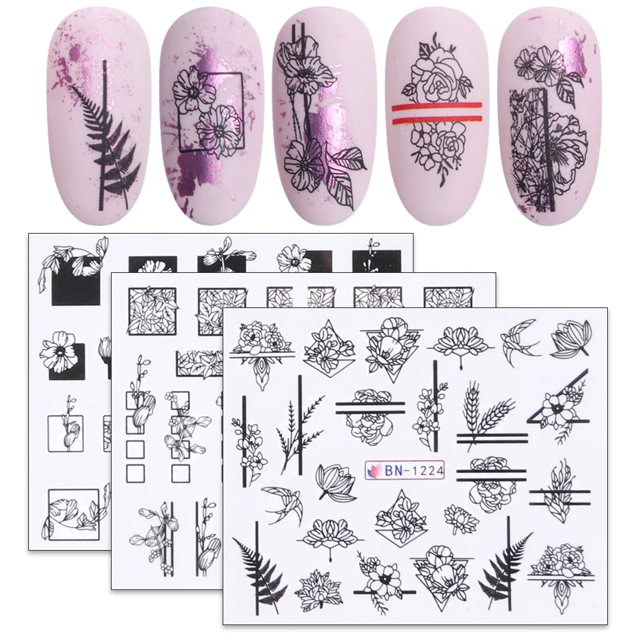 

1pcs Black White Flowers Stickers For Nails Green Leaves Water Decal Slider Nail Art Wraps Manicure Decor Tattoo LABN1213-1224-1