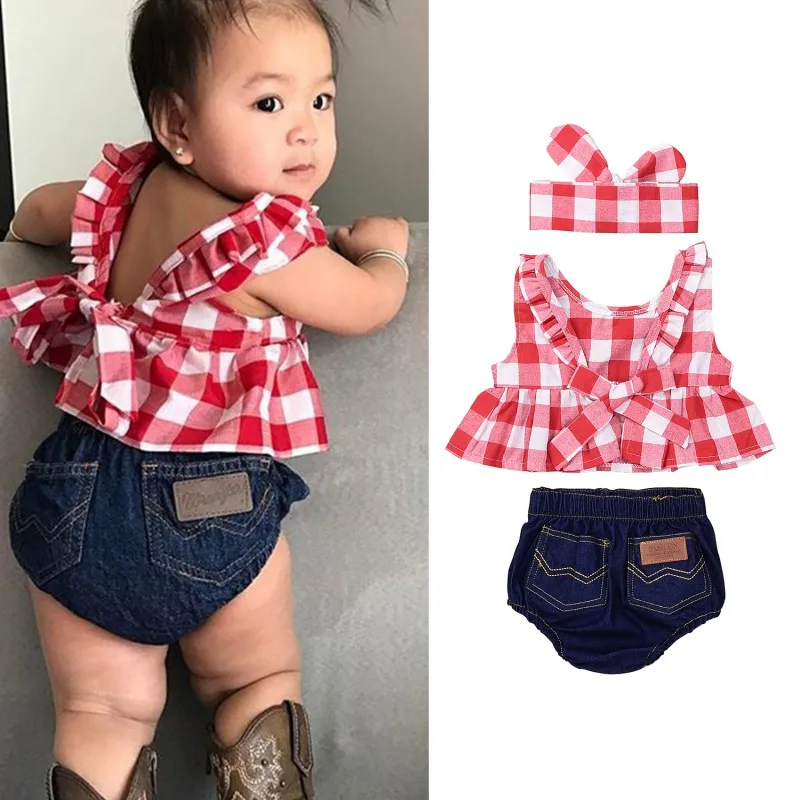 

Toddler Girls Summer Clothing Set backless girls clothing set Red Skirted T-shirt Tops+Denim Shorts Bloomers Headband Outfits
