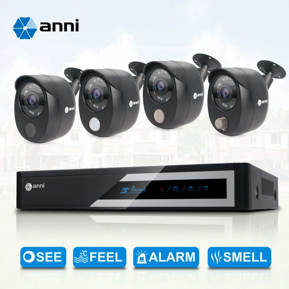 

ANNI Security Surveillance Kit, 4 Channel 1080N Digital Video Recorder, 4 x 1080P Cameras with PIR sensor, Gas Detector ,Siren