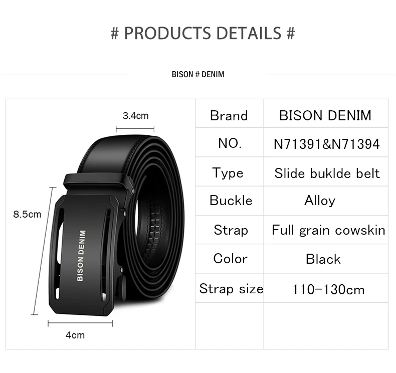 BISON DENIM Genuine Leather Male Belt Black Luxury Strap Belts for Men Cowskin Classic Fashion Pin Buckle men belt N71391