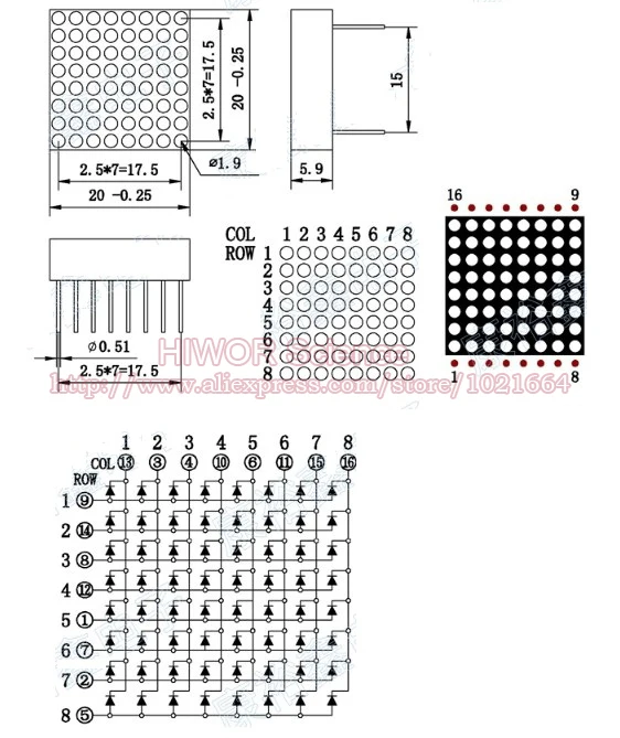 (5 шт./лот) 8x8 8*8 Красный 1,9 мм матричный Дисплей общий анод 16 контактов цифровой трубки Размеры 20*20 мм DIY для Arduino