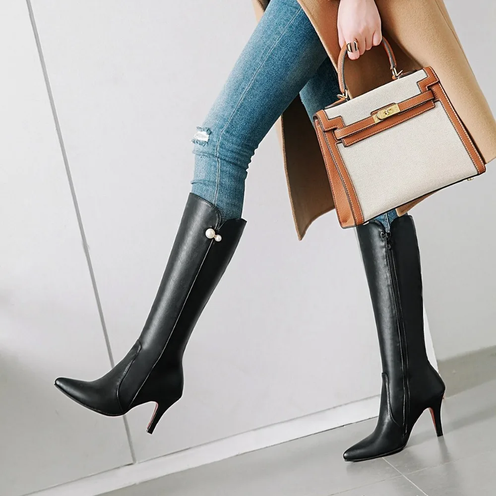 D'hiver Haute Mode Confortable Bottes Cuir Black Bout Peluche Chaud Genou En Longues De Chaussures Femmes Pointu Hiver qn1UYdUw