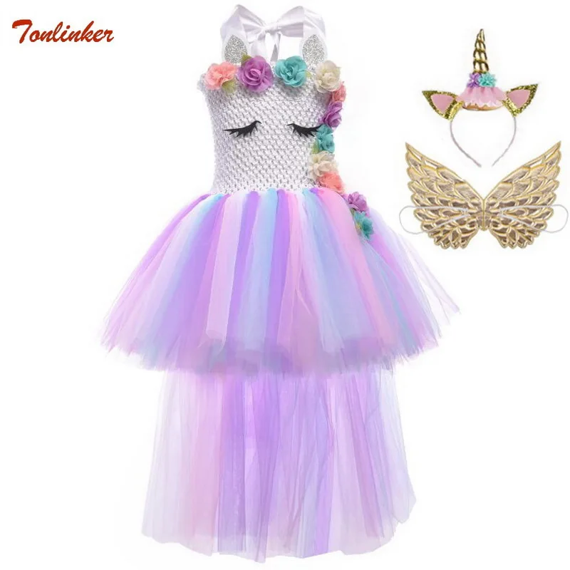 

Flower Girl Unicorn Costume Dress Pony Unicorn Tutu Swallowtail Dresses Headband Wings Sets For Kids handmade Pageant Costume