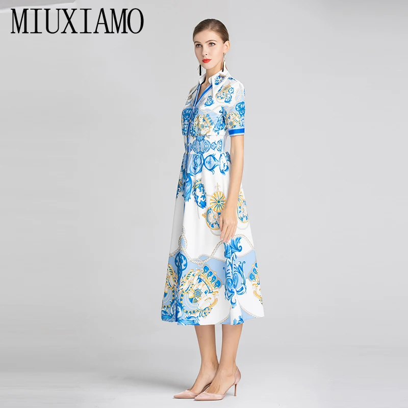 MIUXIMAO высокое качество летнее платье винтажное новейшее синее с цветочным принтом Daimonds Eleghant Повседневное Платье Женское vestidos