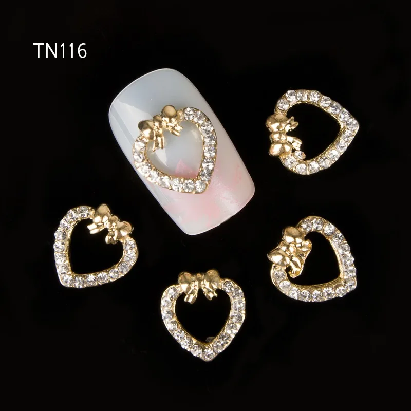 

10Pcs/Lot Gold Alloy Hollow Love Heart Design Nails Studs Clear Rhinestones Decorations For 3D Nail Art TN116
