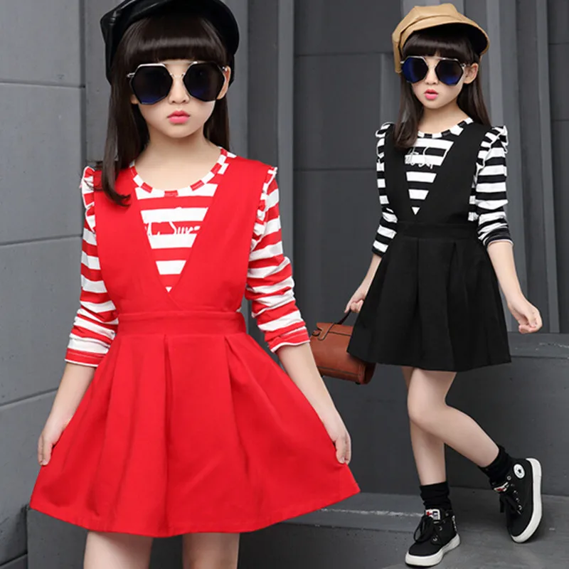 

2018 Brand Girls 2 Pcs Dress Girls Autumn Spring Beautiful Party Striped T-shirt+Dress Girls School Lovely Dress Hot Sale