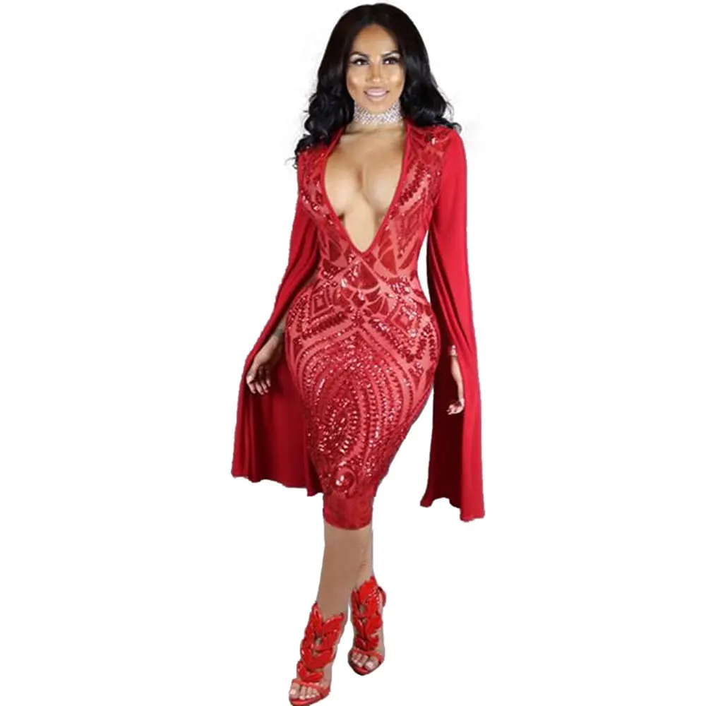Wendywu, специальный дизайн, с блестками, с глубоким v-образным вырезом, с разрезом, с длинным рукавом, красное, до колена, облегающее платье