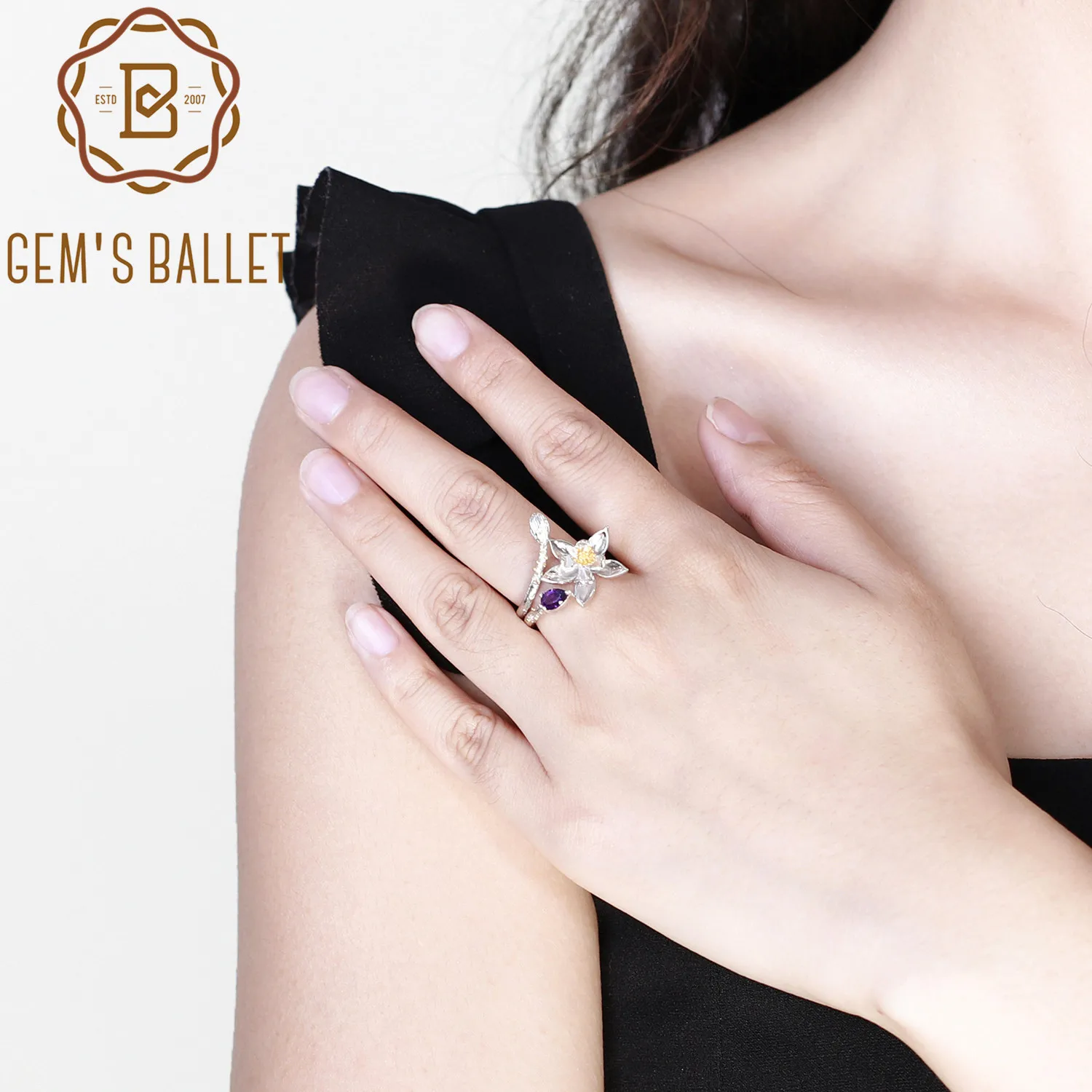 

GEM'S BALLET 925 Sterling Silver Handmade Flowers Adjustable Open Ring 0.19Ct Natural Amethyst Gemstone Rings for Women Jewelry