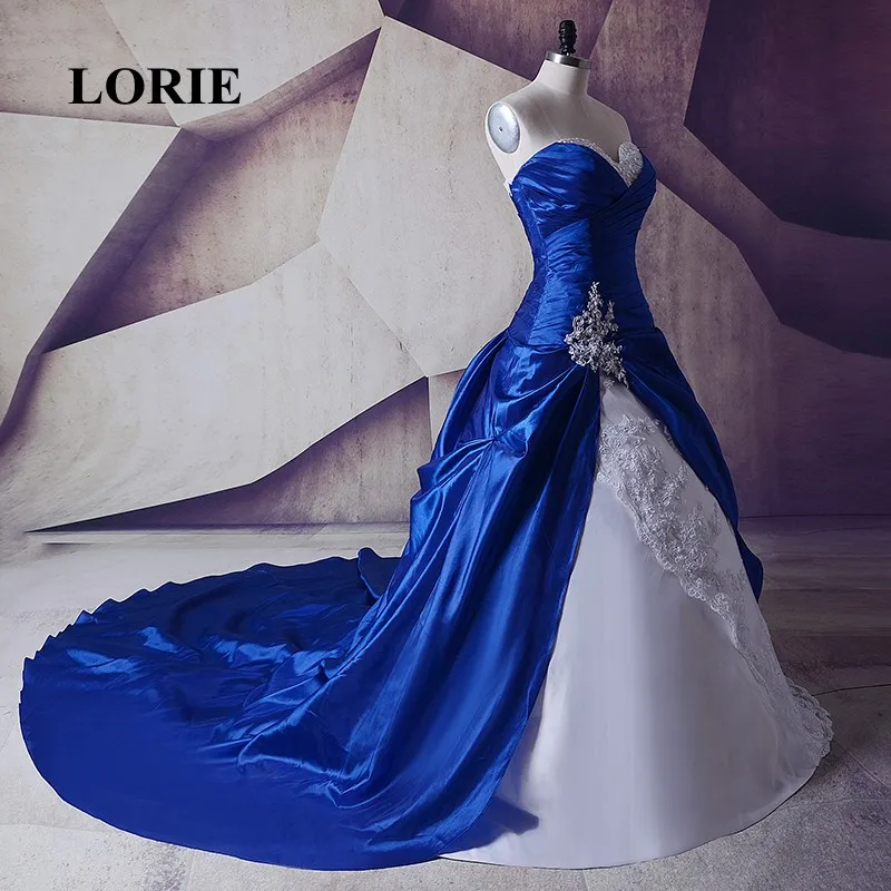 Lorie Gothic Royal Blau Kathedrale Zug Brautkleider Mit Weiss Spitze Ballkleid Nach Mass Hohe Qualitat Braut Kleid Echt Foto Aliexpress