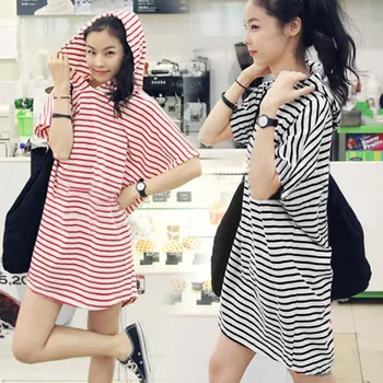 

Women Hooded Batwing Short Sleeve Stripe Loose Dress for Summer XRQ88