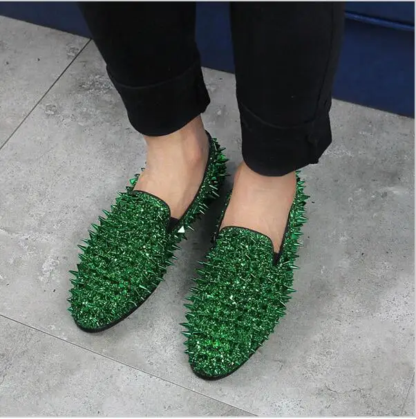 

Handmade Men Rivets Shoes Fashion Party Men Loafers Plus size 46 leather casual shoes wedding shoes studded men glitter shoes