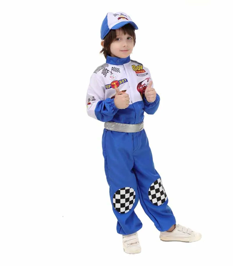Детский карнавальный костюм для мальчиков на Хеллоуин; красный костюм для гоночного автомобиля; Детский костюм гоночного водителя; нарядное платье; маскарадный костюм