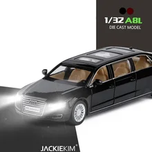 Высокая симуляция 1:32 AUDI A8L Расширенная модель автомобиля из сплава металлические игрушечные транспортные средства с выдвижной спинкой мигающие музыкальные игрушки для детей