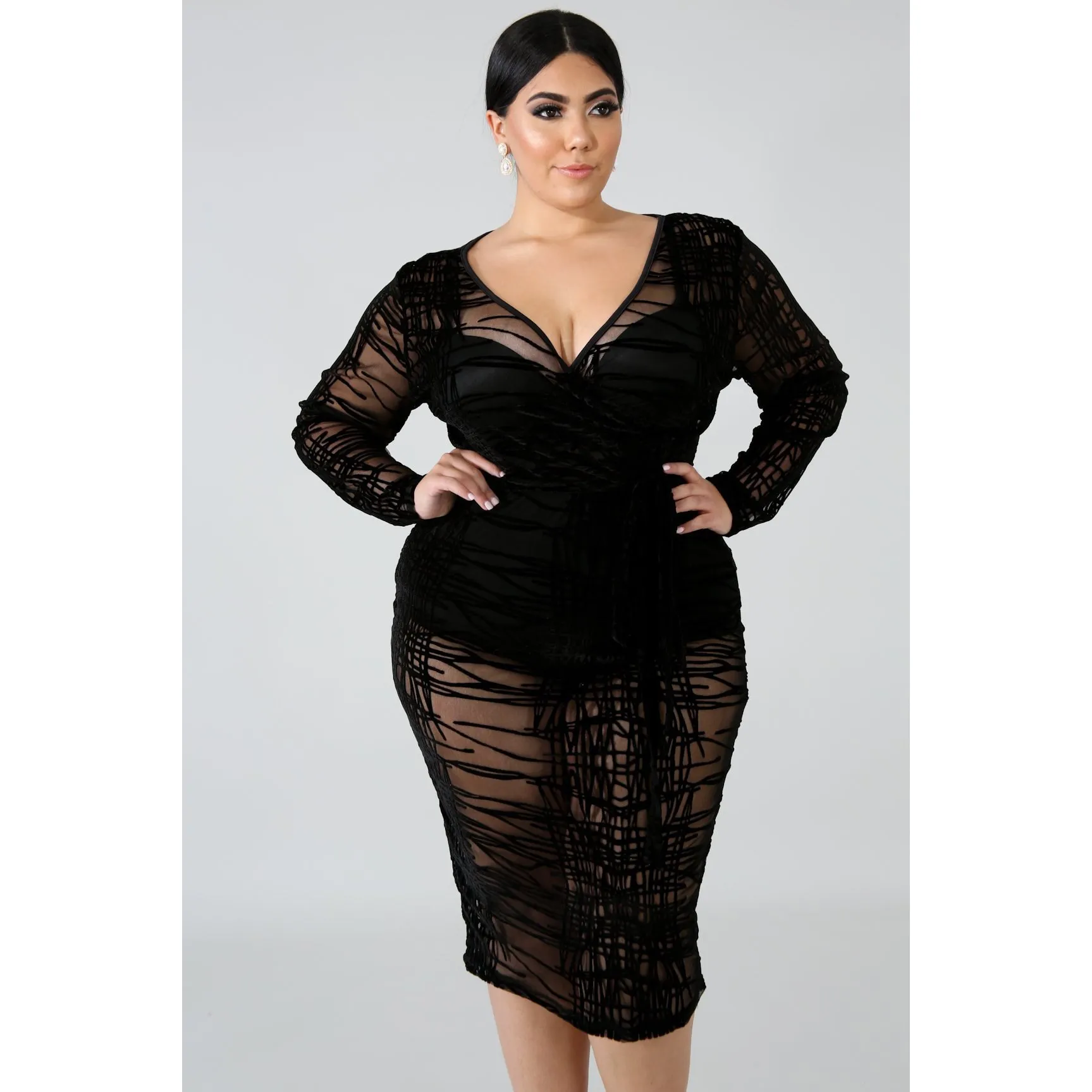 زائد الحجم بلوزات غير مغطية للكتف Bodycon حزب اللباس أنيقة طويلة الأكمام شبكة سوداء اللباس السببية انظر من خلال البسيطة نادي اللباس Vestido