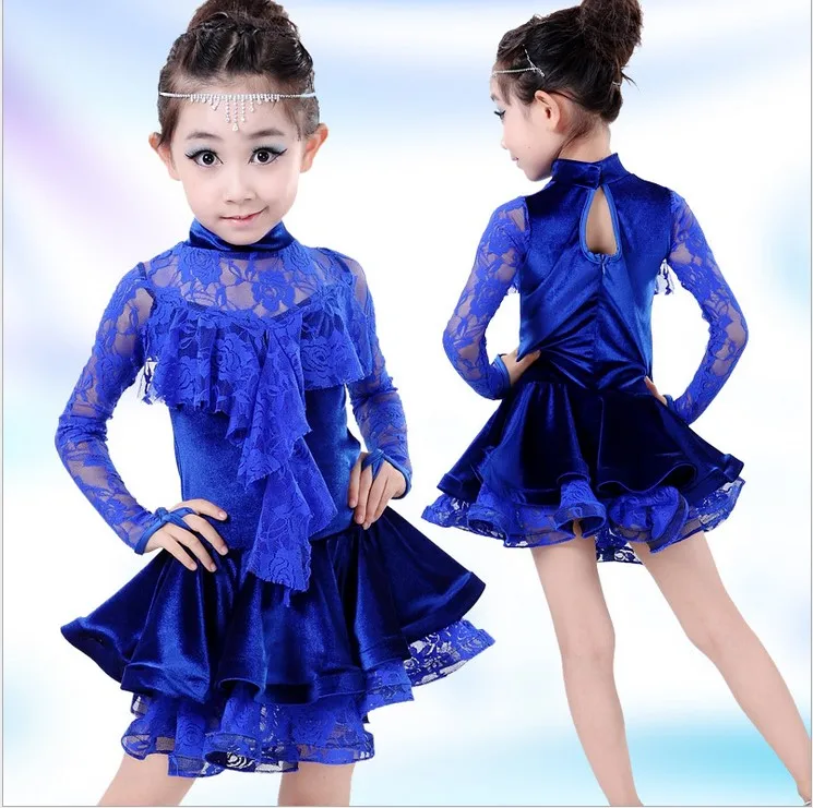 children girl navy blue Latin Dance Dress For Girls Lace flower Top