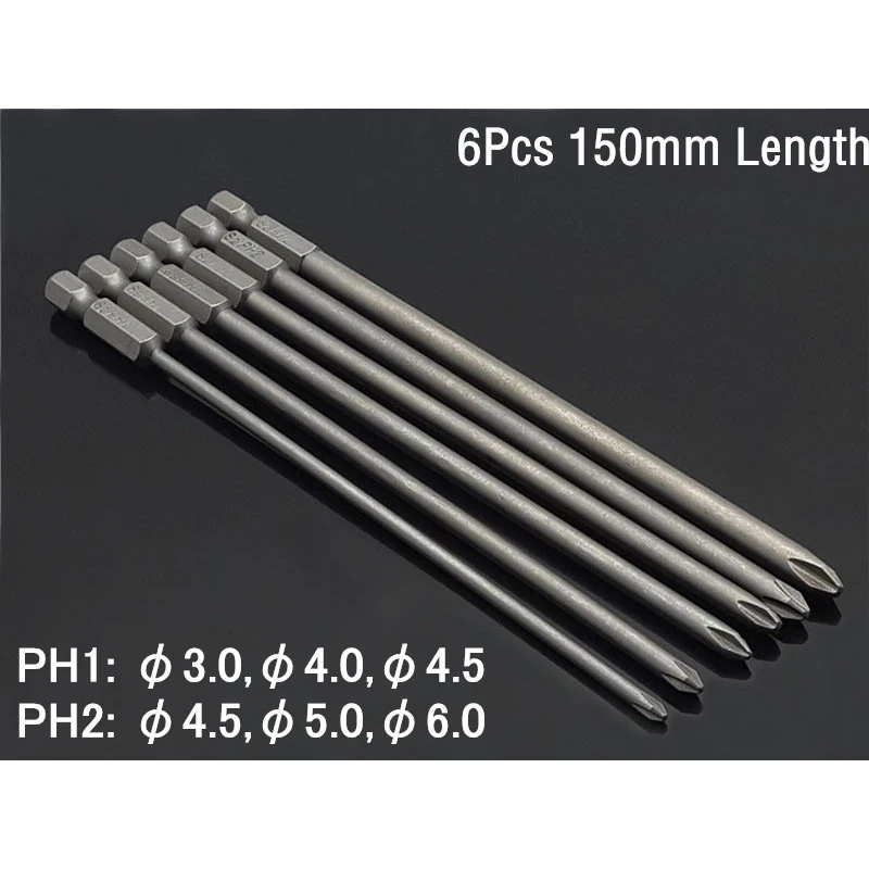 

6pcs Set 1/4 inch 150mm Long Magnetic Hex Cross Head Screwdriver Bits Electric S2 Alloy Steel PH1,PH2 Tools Bit Accessories