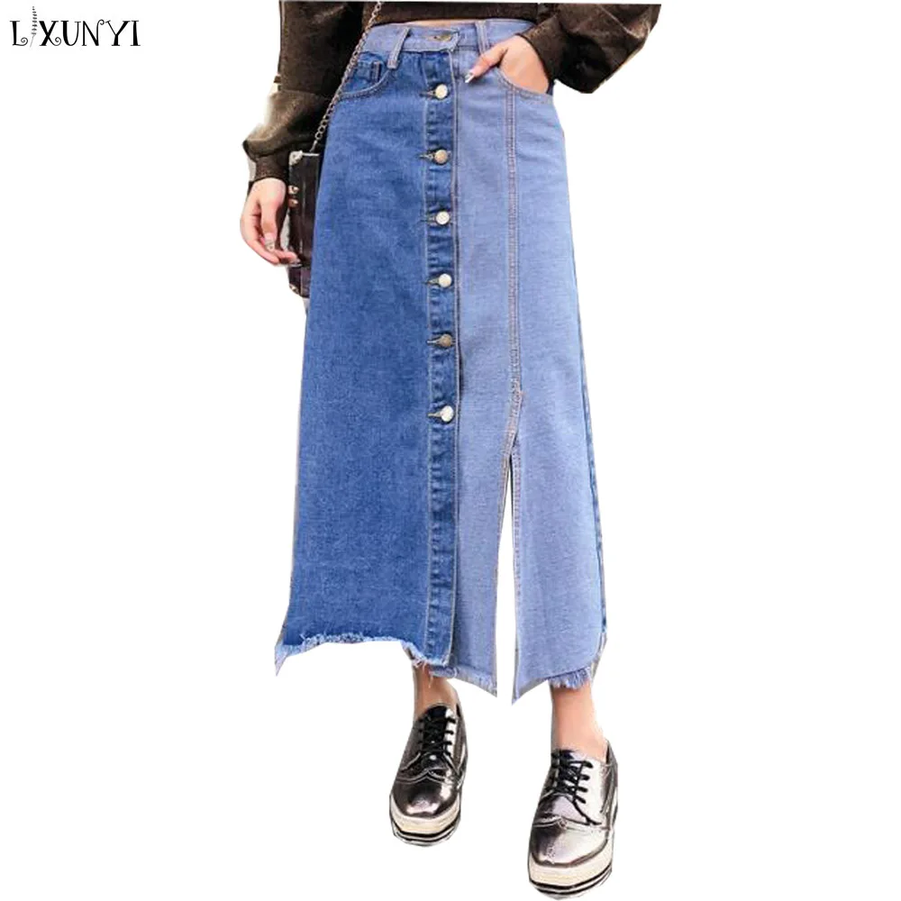 

LXUNYI Women Denim Skirt Long High Waist Skirt jeans Panelled Patchwork Irregular Skirts Womens Personality ffalda vaquera mujer