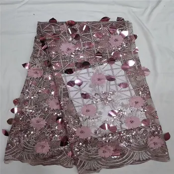 

2019 New High Quality Tulle sequins Beaded French Nigerian Lace Fabrics Pearls Embroidered Guipure African 3d Lace Fabric