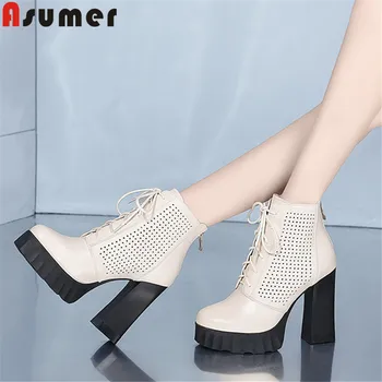 

ASUMER 2019 new ankle boots for women round toe genuine leather shoes zip lace up square high heels shoes platform women boots