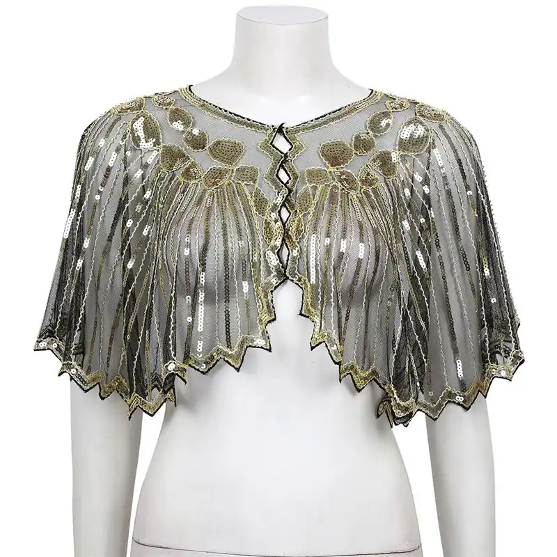 Womens Vintage 1920s Shawl Wraps Sequin Cocktail Party Cape Bridal Bolero Shrug Chiffon Floral Lace Cardigan Cover Up