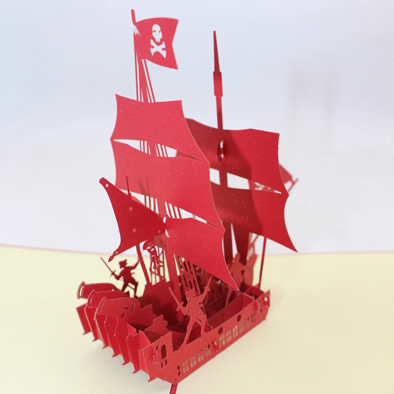  3D Handmade Full Red Sailing Ship Pirate Boat Paper Greeting Cards with Envelope Business Kids Birt - 32914208965