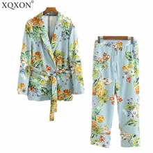 Осень, женский костюм, европейский стиль, праздничная Женская пижама, цветочный узор, синий Блейзер и штаны, повседневный костюм из двух предметов