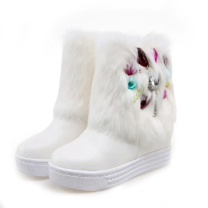

Autumn And Winter Children's Colored Rhinestones Rabbit Fur Snow Boots Muffin Thick-soled Cotton Shoes Sweet Student Boots