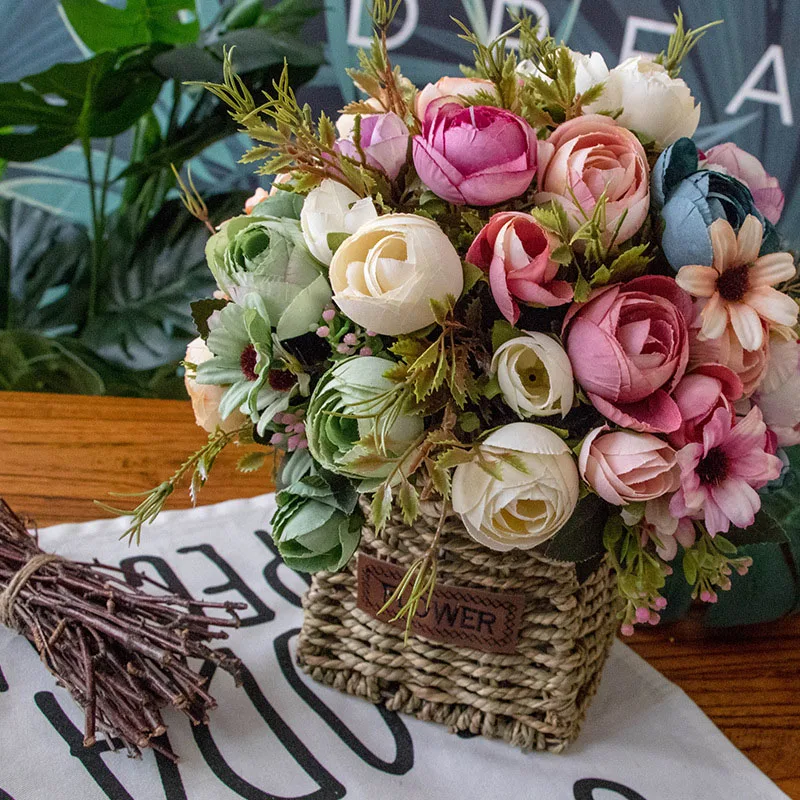 

Vintage Romantic 12 Heads Silk Flower 1 Bouquet Artificial Flowers Vivid Peony Fake Leaves for Wedding Home Party Decoration
