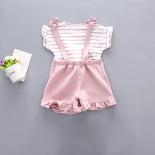 Летний комплект одежды для малышей, футболка с короткими рукавами для девочек+ комбинезон с карманами, хлопковая одежда в полоску для девочек, NSV775