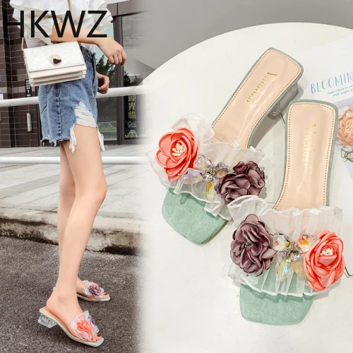 

2019 brand new square head open toe mesh flower rhinestone sandals with 4.5cm banquet party sexy breathable Romanesque slippers