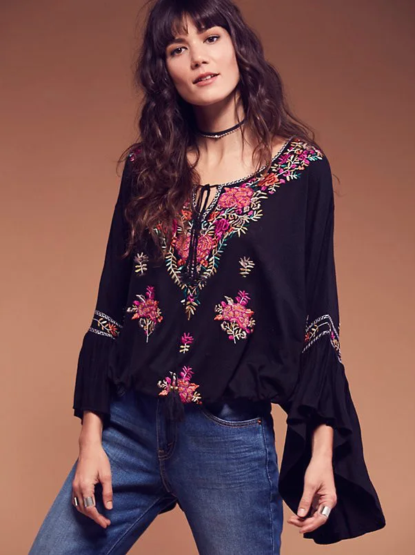 2018 Europe style embroidery tassel shirts v neck cotton linen fashion