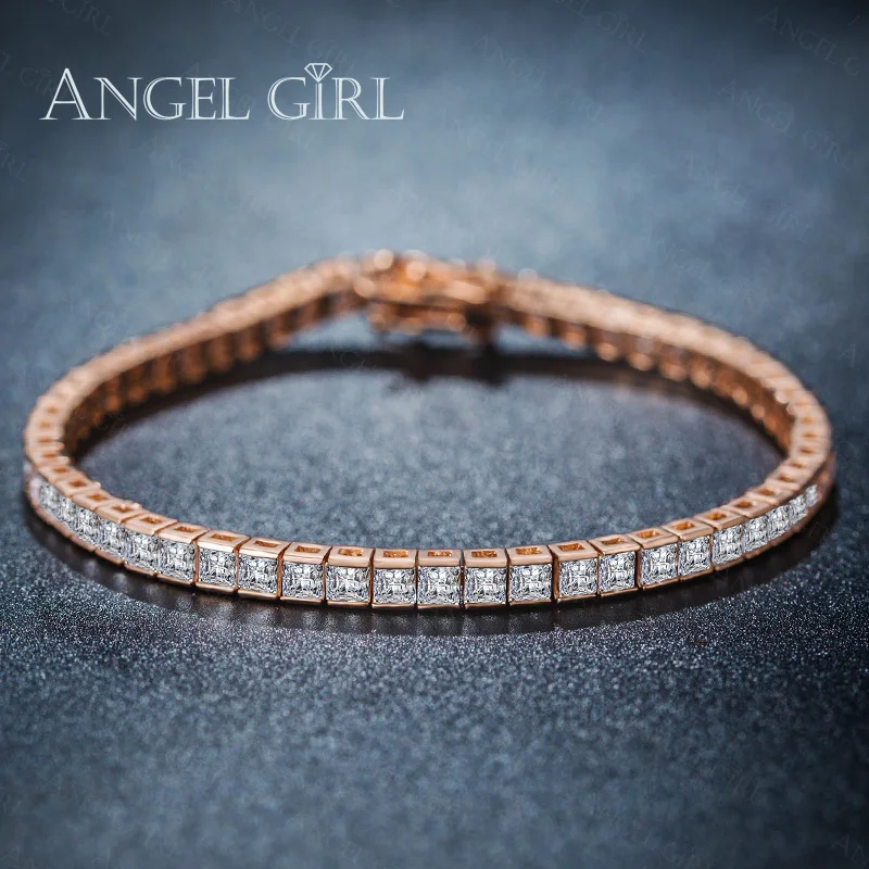

AngelGirl AAA+Elegant Square 4mm CZ 7.5 inches Tennis charm Bracelets & bangles Rose Gold Color Princess Cut CZ Wedding Jewelry
