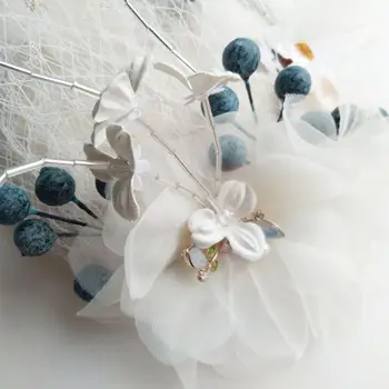 

Korean Handmade Wedding Bridal Fascinators Pillbox Hat Vintage Mesh Artificial Blue Beige Flower Duckbill Hair Clips Photo Props