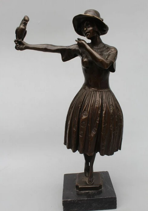 

14"Western Art sculpture Bronze Marble Belle Girl Play parrot Statue sculpture