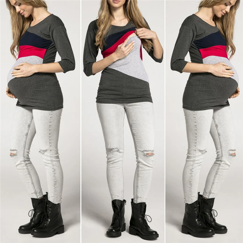 Women Maternity Clothes Breastfeeding Tops Pregnant Nursing T-shirt Blouse Patchwork Casual Tops Clothes
