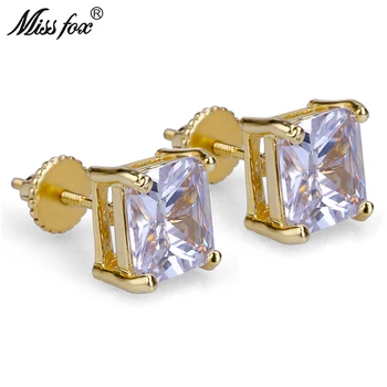 

MISSFOX Hiphop Women Men 24K Gold Plated Earrings Geometry Studs Square Cubic Zirconia Bijoux 8MM Piercing Men's Stud Earrings