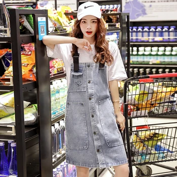 

Women Casual Loose Denim Overalls Dress Single-Breasted Pockets Adjustable Strap Jean Sundress Female Student Street Wear Kawaii