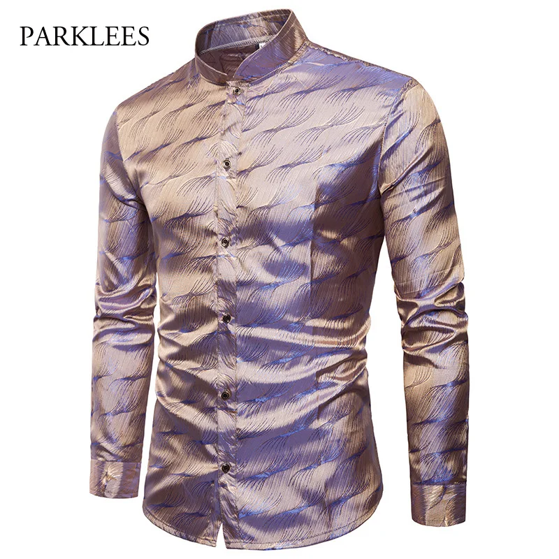 Shiny Gold Print Silk Satin Shirt Men Stage Prom Wedding Mens
